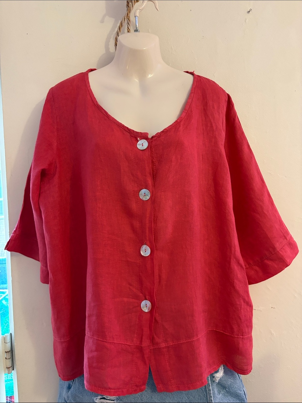 Relaxed Red Button-Front Linen Tunic Top. Linen. MADE. IN.  ITALY